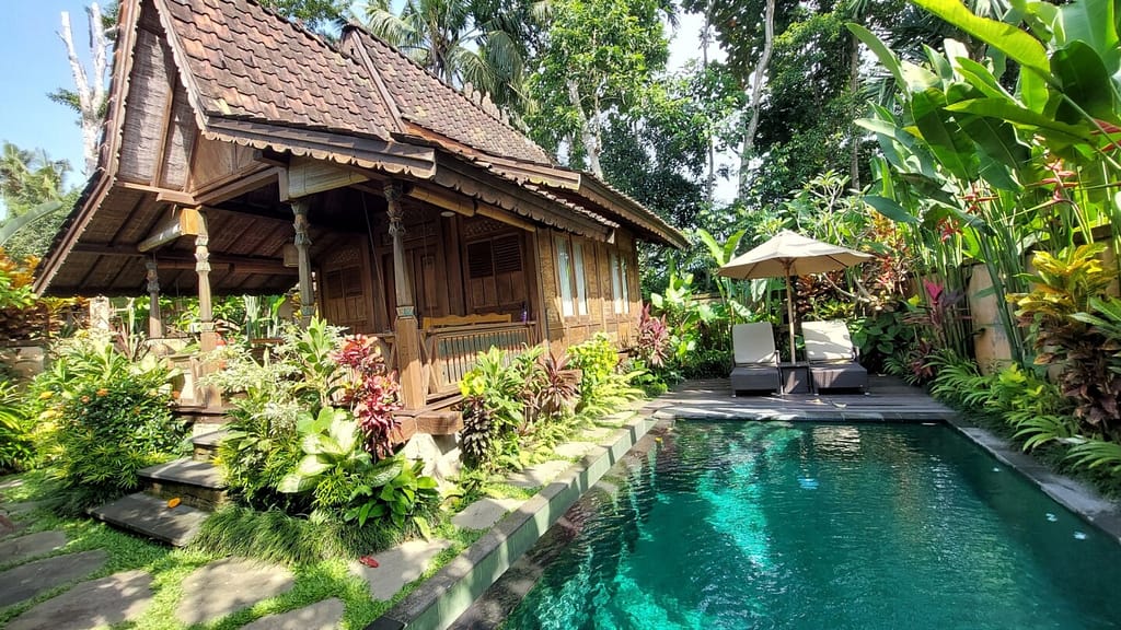 A view of my private pool wooden villa at Pramana Watu in Bali, Indonesia. 