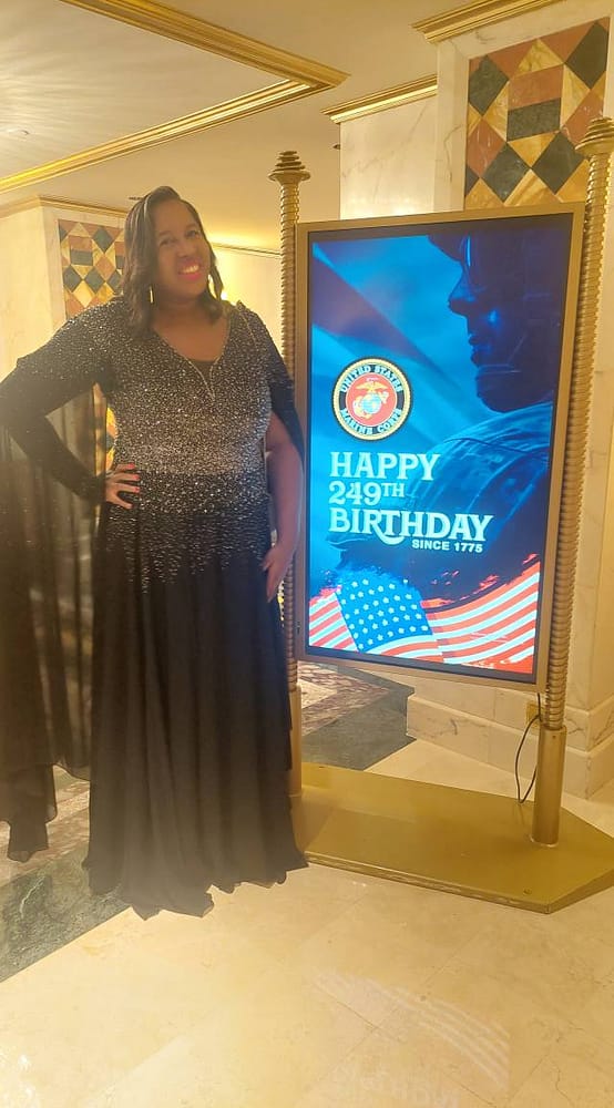 Myself in a floorlength dress at the USA Marine ball in Muscat.