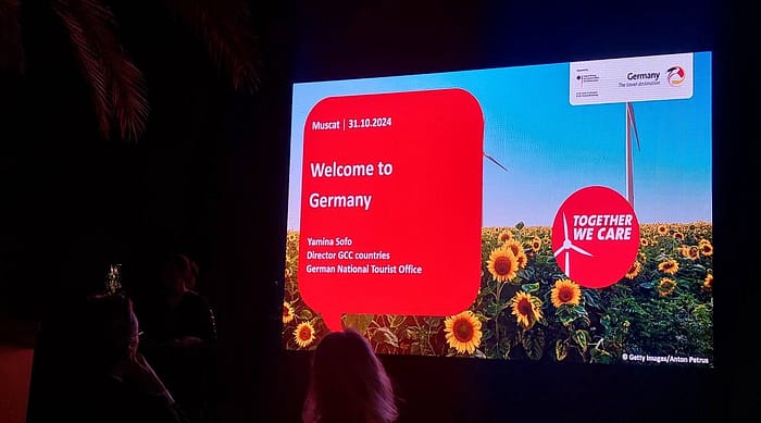 Welcome to Germany signage at the Germany Roadshow. 