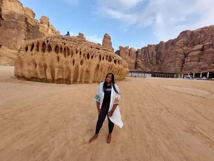 Nicole posing at the Habitas AlUla resort.